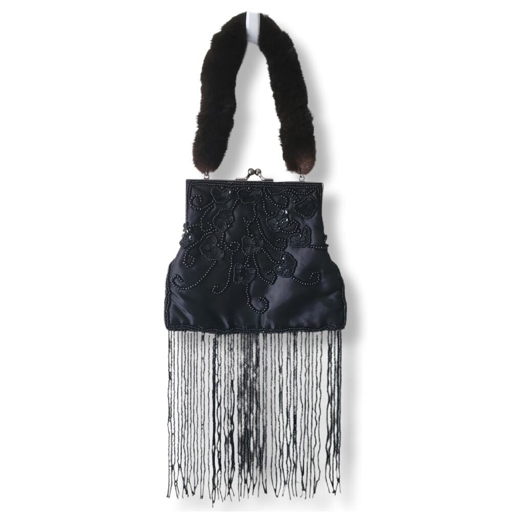VTG Mitchie's Black Beaded Bag Mink Fur Strap Cocktail Whimsigoth Party Evening